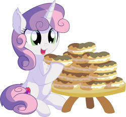 Size: 7017x6479 | Tagged: safe, artist:cyanlightning, sweetie belle, pony, unicorn, .svg available, absurd resolution, chest fluff, cute, cutie mark, diasweetes, ear fluff, eating, eclair, female, filly, food, hair, open mouth, simple background, sitting, solo, table, the cmc's cutie marks, this will end in weight gain, transparent background, vector