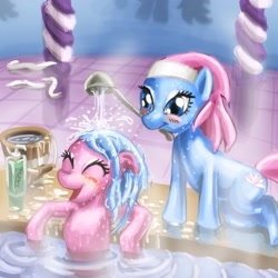 Size: 1650x1650 | Tagged: dead source, safe, artist:pluckyninja, aloe, lotus blossom, earth pony, pony, bath, blushing, duo, duo female, eyes closed, female, mare, mouth hold, photoshop, spa, spa twins, water, wet, wet mane