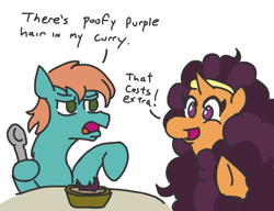 Size: 703x541 | Tagged: safe, artist:jargon scott, saffron masala, oc, earth pony, pony, unicorn, 30 minute art challenge, dialogue, female, food, male, mare, simple background, stallion, white background