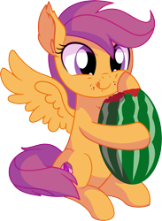 Size: 5815x7950 | Tagged: safe, artist:cyanlightning, scootaloo, pegasus, pony, .svg available, absurd resolution, chest fluff, cute, cutealoo, ear fluff, eating, female, filly, food, hair, simple background, sitting, solo, tongue out, transparent background, vector, watermelon