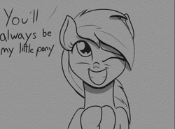 Size: 1310x968 | Tagged: safe, artist:cosmonaut, derpibooru import, derpy hooves, pegasus, pony, /mlp/, cute, dialogue, female, mare, mlpg, monochrome, one eye closed, smiling, solo