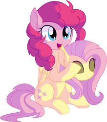 Size: 6230x7098 | Tagged: safe, artist:cyanlightning, fluttershy, pinkie pie, earth pony, pegasus, pony, the crystal empire, spoiler:s03, .svg available, absurd resolution, adoracreepy, clothes, costume, creepy, cute, disguise, ear fluff, female, fluttershy suit, folded wings, mare, mask, masking, open mouth, pinkie being pinkie, pony costume, ponysuit, simple background, sitting, smiling, solo, transparent background, vector, voice actor joke, wings