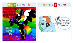 Size: 1046x615 | Tagged: safe, artist:c0lorcore, artist:infrayellow, rainbow dash, oc, pegasus, pony, derpibooru, irony, juxtaposition, juxtaposition win, meme, meta