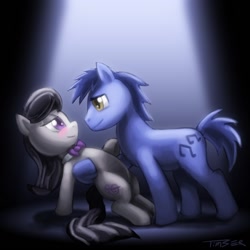 Size: 1080x1080 | Tagged: dead source, safe, artist:pluckyninja, blues, noteworthy, octavia melody, earth pony, pony, blushing, dancing, eye contact, female, looking at each other, male, mare, notetavia, photoshop, rarepair, shipping, spotlight, stallion, straight