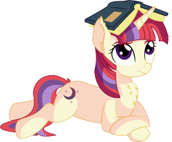 Size: 7195x5918 | Tagged: safe, artist:cyanlightning, moondancer, pony, unicorn, .svg available, absurd resolution, book, book hat, chest fluff, confused, cute, dancerbetes, ear fluff, ear tufts, female, frown, looking up, mare, messy mane, prone, raised eyebrow, simple background, sitting, solo, transparent background, vector, wings, worried