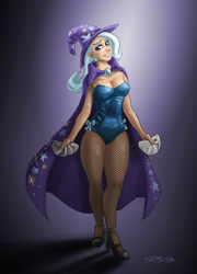 Size: 900x1253 | Tagged: dead source, safe, artist:pluckyninja, trixie, human, cape, card, clothes, female, fishnet stockings, gradient background, hat, high heels, humanized, leotard, magician outfit, solo, trixie's cape, trixie's hat, wide hips