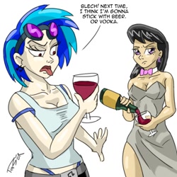 Size: 1000x1000 | Tagged: dead source, safe, artist:pluckyninja, dj pon-3, octavia melody, vinyl scratch, human, alcohol, bottle, bowtie, breasts, cheap, cleavage, clothes, dialogue, disgusted, duo, duo female, female, glass, glasses, goggles, humanized, open mouth, orbtavia, photoshop, red eyes, side slit, simple background, tongue out, vinyl stacked, white background, wine