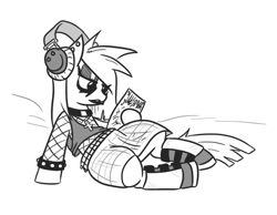 Size: 614x477 | Tagged: safe, artist:jargon scott, oc, oc:nada phase, earth pony, pony, album, belt, boots, clothes, cute, goth, headphones, monochrome, plaid skirt, shoes, skirt, solo, wristband