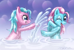 Size: 1468x1000 | Tagged: dead source, safe, artist:pluckyninja, aloe, lotus blossom, earth pony, pony, bath, duo, duo female, female, mare, photoshop, playing, sisters, spa twins, twins, water, wet mane