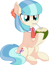 Size: 5751x7644 | Tagged: safe, artist:cyanlightning, coco pommel, earth pony, pony, .svg available, absurd resolution, clothes, cocobetes, coconut, coconut cup, cute, drinking, drinking straw, ear fluff, female, food, mare, pun, simple background, sitting, solo, straw, transparent background, vector, visual pun