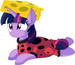 Size: 7156x6197 | Tagged: safe, artist:cyanlightning, twilight sparkle, alicorn, ladybug, pony, .svg available, absurd resolution, animal costume, cheese, cheese hat, cheesehead, clothes, coccinellidaephobia, costume, cute, ear fluff, ear tufts, female, food, frown, hat, internal screaming, looking up, mare, prone, sad, sadorable, scared, simple background, solo, they're just so cheesy, this will not end well, transparent background, turophobia, twiabetes, twilight hates ladybugs, vector, wat