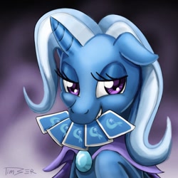 Size: 1080x1080 | Tagged: dead source, safe, artist:pluckyninja, trixie, pony, unicorn, abstract background, bust, card, female, floppy ears, grin, mare, mouth hold, photoshop, smiling, solo