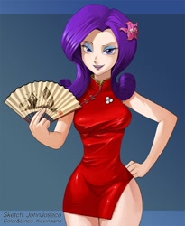 Size: 900x1098 | Tagged: safe, artist:johnjoseco, artist:kevinsano, rarity, human, abstract background, breasts, cheongsam, clothes, curvy, dress, fan, female, hand fan, humanized, minidress, photoshop, raritits, red dress, side slit, skinny, solo, vacuum sealed clothing, wide hips