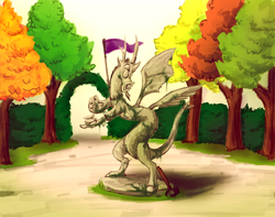 Size: 1368x1080 | Tagged: safe, artist:hawtkoffee, discord, draconequus, commission, garden, photoshop, sledgehammer, solo, statue, stone, tree