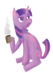 Size: 289x400 | Tagged: dead source, safe, artist:hawtkoffee, twilight sparkle, unicorn twilight, pony, unicorn, annoyed, coffee, female, mare, mug, photoshop, simple background, sitting, solo, white background