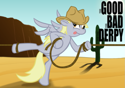 Size: 767x544 | Tagged: dead source, safe, artist:sir-dangereaux, derpy hooves, pegasus, pony, cactus, female, hat, mare, newbie artist training grounds, parody, photoshop, rope, saguaro cactus, solo, the good the bad and the ugly, tied up, tongue out, western