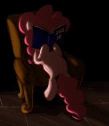 Size: 1014x1168 | Tagged: dead source, safe, artist:sir-dangereaux, pinkie pie, earth pony, pony, book, chair, female, mare, newbie artist training grounds, photoshop, pun, reading, sitting, solo, the twilight zone, to serve man