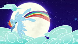 Size: 1920x1080 | Tagged: dead source, safe, artist:sir-dangereaux, rainbow dash, pegasus, pony, cloud, cloudy, eyes closed, female, flying, happy, mare, moon, newbie artist training grounds, night, photoshop, solo, wallpaper