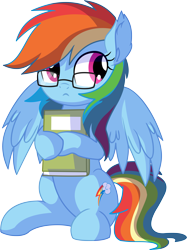 Size: 5837x7824 | Tagged: safe, artist:cyanlightning, rainbow dash, pegasus, pony, .svg available, absurd resolution, book, cute, dashabetes, dork, ear fluff, egghead dash, female, glasses, mare, nerd, simple background, sitting, smiling, solo, spread wings, transparent background, vector, wings