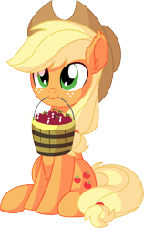 Size: 4917x7795 | Tagged: safe, artist:cyanlightning, applejack, earth pony, pony, .svg available, absurd resolution, apple, bucket, cute, ear fluff, female, food, hat, jackabetes, mare, mouth hold, simple background, sitting, smiling, solo, transparent background, vector