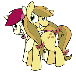 Size: 967x922 | Tagged: dead source, safe, artist:sir-dangereaux, apple strudely, roseluck, earth pony, pony, apple family member, cute, female, grin, happy, hug, lesbian, mare, photoshop, rarepair, rosestrudely, shipping, simple background, smiling, white background