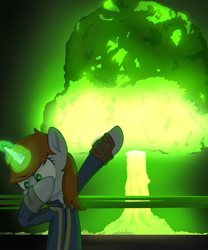 Size: 4000x4800 | Tagged: safe, artist:brisineo, artist:warking76, edit, oc, oc:littlepip, pony, unicorn, fallout equestria, atomic bomb, balefire bomb, clothes, dab, explosion, fallout, fanfic, fanfic art, female, glowing horn, hooves, horn, magic, mare, megaspell, megaspell explosion, mushroom cloud, nuclear explosion, nuclear weapon, pipbuck, pure unfiltered evil, solo, vault suit, weapon, xk-class end-of-the-world scenario