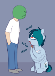 Size: 926x1286 | Tagged: safe, artist:shinodage, oc, oc only, oc:anon, oc:delta vee, human, pegasus, pony, dialogue, female, hair over one eye, hands in pockets, horse noises, human male, language barrier, lipstick, lost in translation, male, mare, neigh, wing hands, wing hold