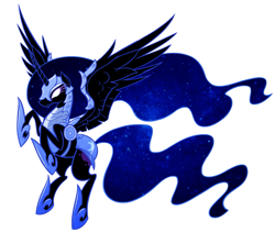 Size: 1127x949 | Tagged: dead source, safe, artist:sir-dangereaux, nightmare moon, alicorn, pony, action pose, armor, ethereal mane, female, glowing eyes, hoof shoes, mare, photoshop, rearing, simple background, solo, spread wings, starry mane, white background, white eyes, wings