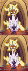 Size: 628x1594 | Tagged: safe, artist:greyscaleart, artist:jargon scott, color edit, edit, daybreaker, twilight sparkle, alicorn, pony, unicorn, ash, colored, comic, cute, diabreaker, female, filly, filly twilight sparkle, foal, looking at each other, mane of fire, mare, mombreaker, raspberry, raspberry noise, silly, silly pony, sitting, size difference, smol, sweet dreams fuel, the small acolyte, the tiny apprentice, tongue out, younger