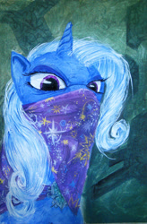 Size: 794x1212 | Tagged: safe, artist:quiet-victories, trixie, pony, unicorn, angry, bandana, female, glare, looking at you, mare, photoshop, solo, traditional art