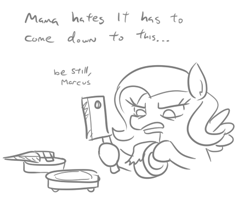 Size: 456x373 | Tagged: safe, artist:jargon scott, part of a set, fluttershy, pegasus, pony, augmented, black and white, butcher knife, dialogue, duct tape, female, grayscale, hoof hold, knife, mare, monochrome, roomba, roombashy, simple background, tape, white background