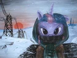 Size: 2592x1944 | Tagged: safe, artist:quiet-victories, twilight sparkle, unicorn twilight, pony, unicorn, clothes, female, hoodie, looking at you, mare, photoshop, power line, scarf, snow, snowfall, solo, sunset, traditional art, winter