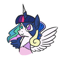 Size: 444x424 | Tagged: safe, artist:jargon scott, part of a set, princess cadance, princess celestia, princess luna, twilight sparkle, twilight sparkle (alicorn), oc, oc:celuna cadelight, alicorn, pony, alicorn tetrarchy, female, frankenpony, mare, simple background, solo, stitches, what has magic done, white background