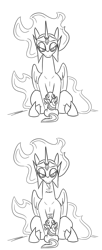 Size: 628x1540 | Tagged: safe, artist:jargon scott, daybreaker, twilight sparkle, alicorn, pony, unicorn, comic, cute, diabreaker, female, filly, filly twilight sparkle, foal, grayscale, looking at each other, mane of fire, mare, mombreaker, monochrome, raspberry, raspberry noise, silly, silly pony, simple background, sitting, size difference, smol, the small acolyte, the tiny apprentice, tongue out, white background, younger