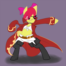 Size: 750x750 | Tagged: safe, artist:atticus83, apple bloom, pony, semi-anthro, action pose, bipedal, clothes, eyepatch, female, pirate, scarred, simple background, solo