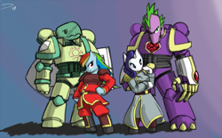 Size: 809x500 | Tagged: safe, artist:atticus83, rainbow dash, rarity, spike, tank, anthro, dragon, unguligrade anthro, anthro pets, armor, clothes, crossover, female, gradient background, male, mare, pet, warhammer (game), warhammer 40k