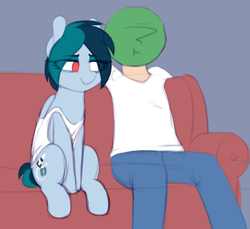 Size: 1158x1061 | Tagged: safe, artist:shinodage, oc, oc only, oc:anon, oc:delta vee, human, pegasus, pony, anon's couch, clothes, duo, female, human male, male, mare, sitting, sofa