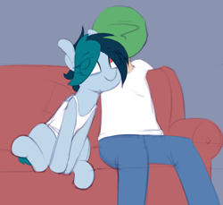 Size: 1160x1062 | Tagged: safe, artist:shinodage, oc, oc only, oc:anon, oc:delta vee, human, pegasus, pony, anon's couch, clothes, duo, female, human male, male, mare, sitting, sofa