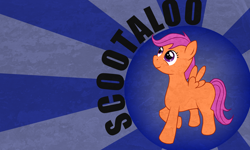 Size: 3000x1800 | Tagged: safe, artist:troggle, scootaloo, pegasus, pony, abstract background, female, filly, solo, text, wallpaper