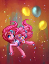 Size: 1529x2000 | Tagged: safe, artist:nyarmarr, pinkie pie, earth pony, pony, action pose, balloon, clothes, confetti, dress, gala dress, solo