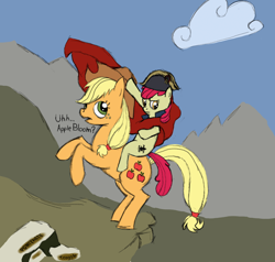 Size: 1542x1467 | Tagged: safe, artist:troggle, apple bloom, applejack, earth pony, pony, apple sisters, cape, clothes, costume, female, filly, fine art parody, foal, mare, napoleon bonaparte, napoleon crossing the alps, ponies riding ponies, rearing, siblings, sisters