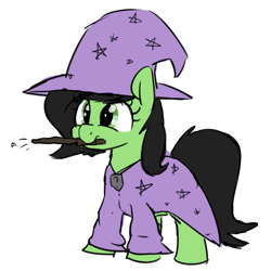 Size: 1500x1500 | Tagged: safe, artist:skitter, oc, oc only, oc:anon filly, pony, cape, clothes, female, filly, hat, magic wand, magician outfit, mouth hold, robe, simple background, smiling, stars, white background, wizard hat