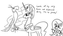 Size: 704x412 | Tagged: safe, artist:jargon scott, fluttershy, philomena, princess celestia, alicorn, pegasus, phoenix, pony, abuse, baton, birb, black and white, blood, celestiabuse, dialogue, female, fluttershy steals animals, grayscale, mare, monochrome, nightstick, simple background, this will end in pain, trio, white background