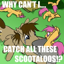 Size: 3300x3300 | Tagged: safe, artist:r-h-maclanahan, scootaloo, oc, pegasus, pony, bucket, caption, crying, faceplant, female, filly, game, high res, image macro, meme, multeity, photoshop, scootalots, swirly eyes, text, unconscious, why can't i hold all these x