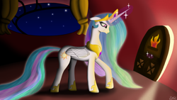 Size: 1920x1080 | Tagged: safe, artist:ciscoql, princess celestia, alicorn, pony, crying, female, mare, night, sad, solo, wallpaper