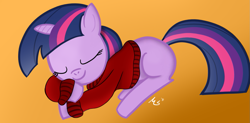 Size: 1253x616 | Tagged: safe, artist:ciscoql, twilight sparkle, unicorn twilight, pony, unicorn, clothes, female, filly, foal, gradient background, photoshop, sleeping, solo, sweater