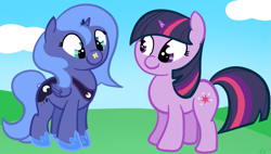 Size: 1093x619 | Tagged: safe, artist:ciscoql, princess luna, twilight sparkle, unicorn twilight, alicorn, butterfly, pony, unicorn, cute, duo, female, filly, foal, s1 luna, woona