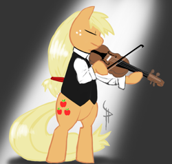 Size: 1083x1032 | Tagged: safe, artist:white-pwny, applejack, earth pony, pony, adobe imageready, bipedal, clothes, eyes closed, female, gradient background, hatless, mare, missing accessory, music, solo, suit, violin