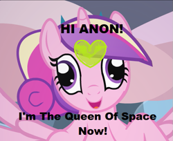 Size: 525x429 | Tagged: safe, artist:tiarawhy, edit, princess cadance, alicorn, pony, 1000 hours in ms paint, 4chan, cadenceflash, caption, exploitable meme, female, hi anon, i have no idea what i'm doing, image macro, king of space, mare, meme, old meme, ponified, show accurate, text