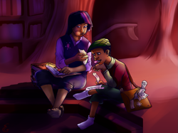 Size: 971x728 | Tagged: safe, artist:explosivegent, spike, twilight sparkle, human, duo, eating, feet, female, food, hat, human spike, humanized, male, messenger bag, reading, sandals, sandwich, sitting, writing